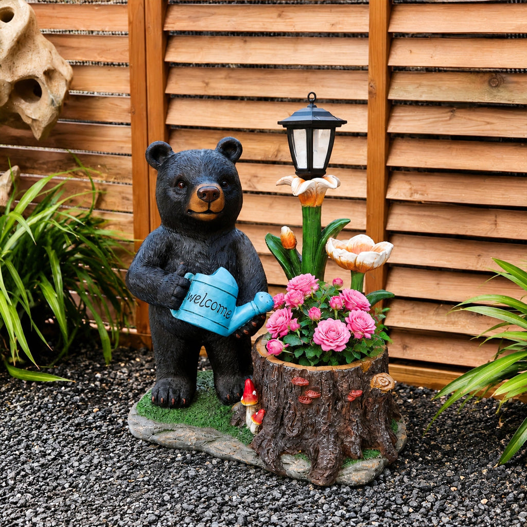 Standing Black Bear Garden Planter with Decorative Solar Lantern