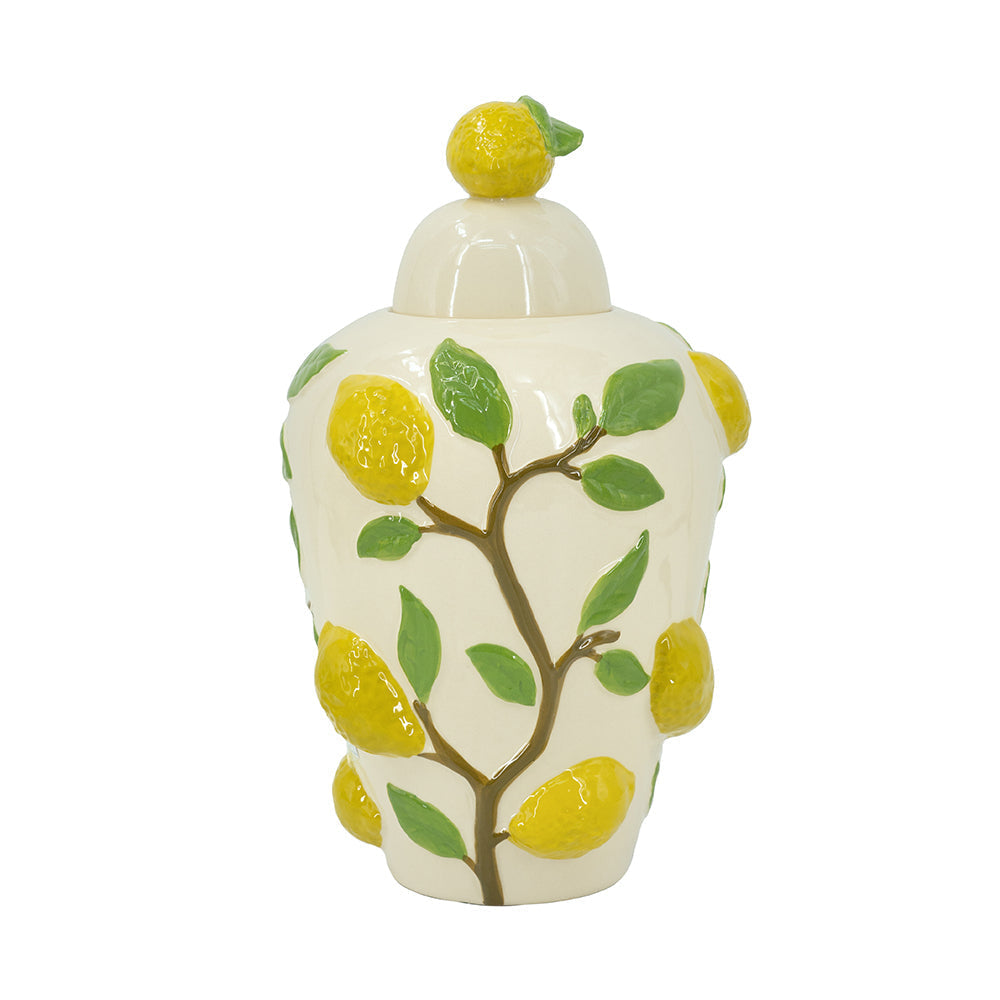 8.7x8.7x15' White Ceramic Lidded Jar with Playful Lemon Design
