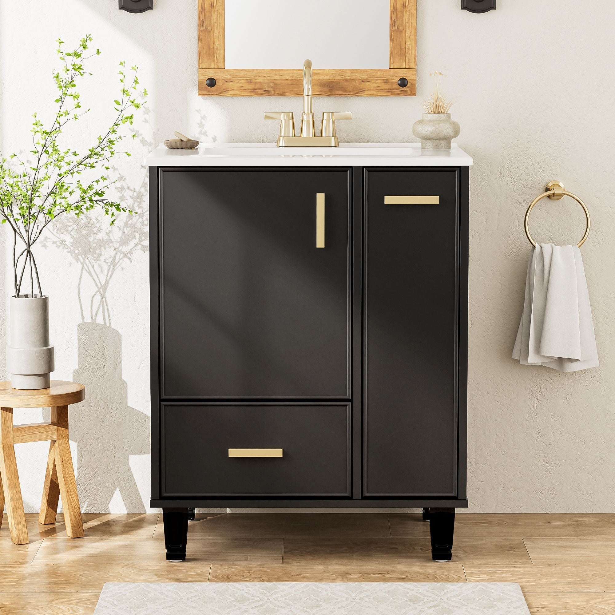 Bathroom Vanity With Sink, Deep Drawer, Door Shelf, 2 Tier Basket