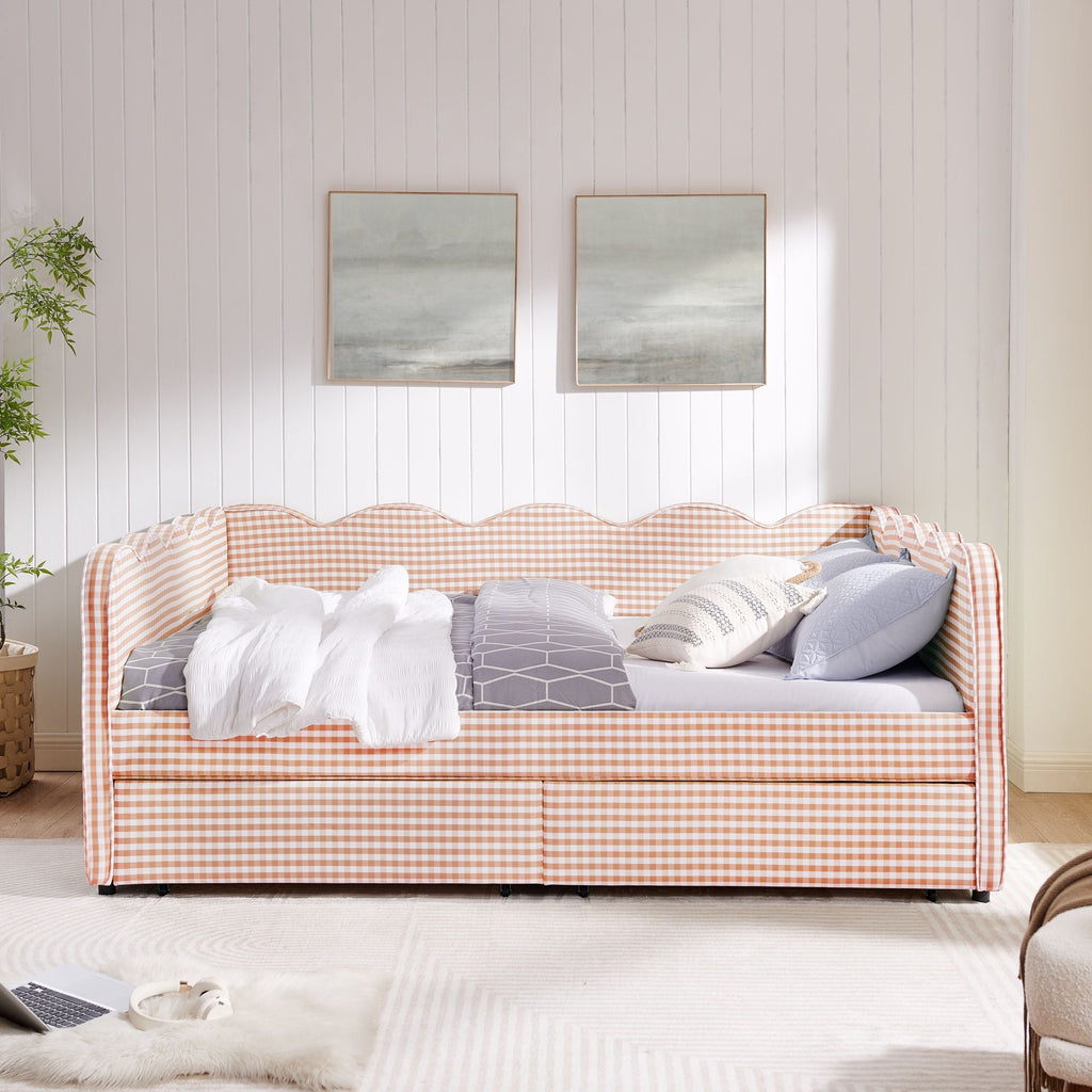 Gingham Daybed With USB Charging Port, Wave-Shaped Design