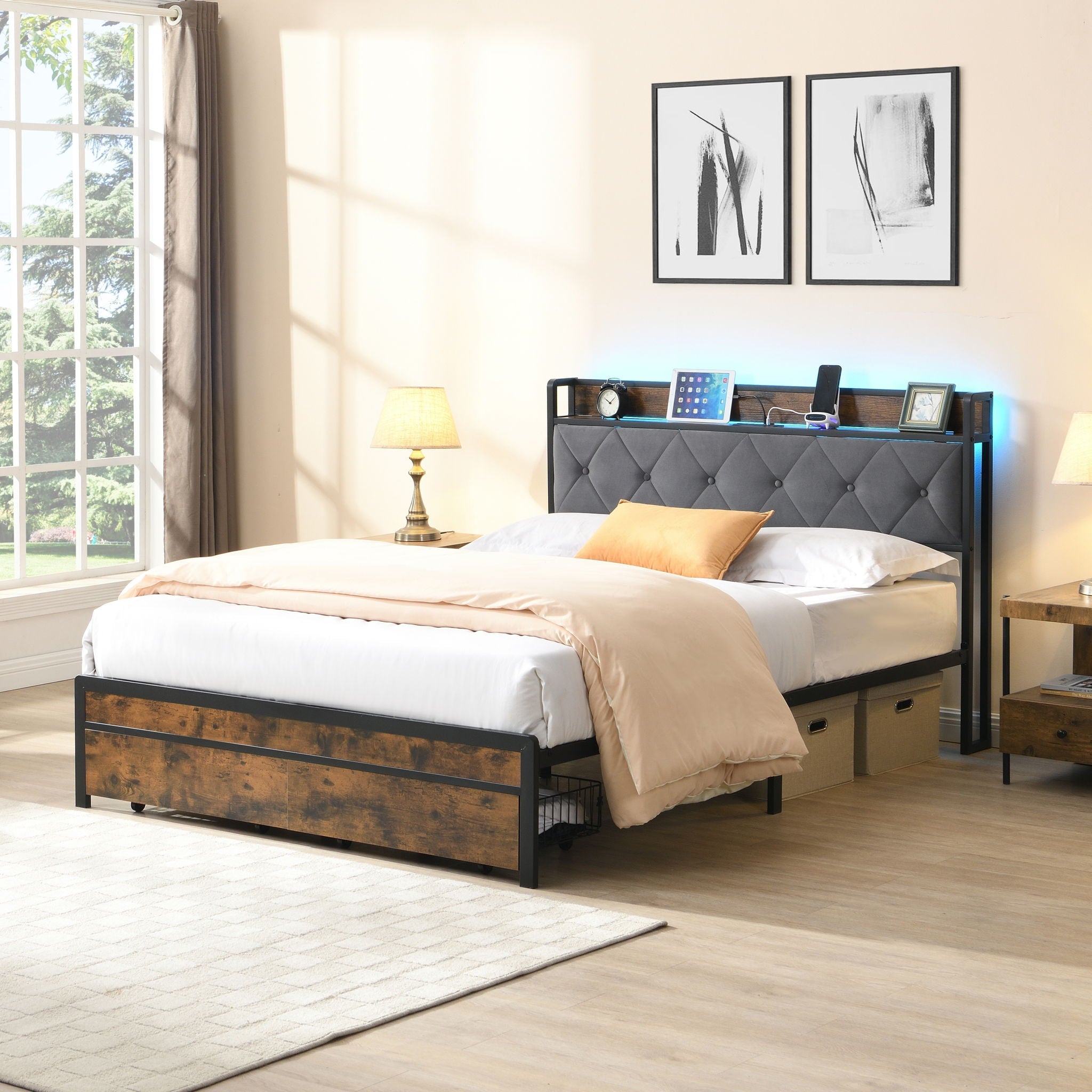 Modern Bed Frame With LED Lights, Upholstered Headboard, USB Charging