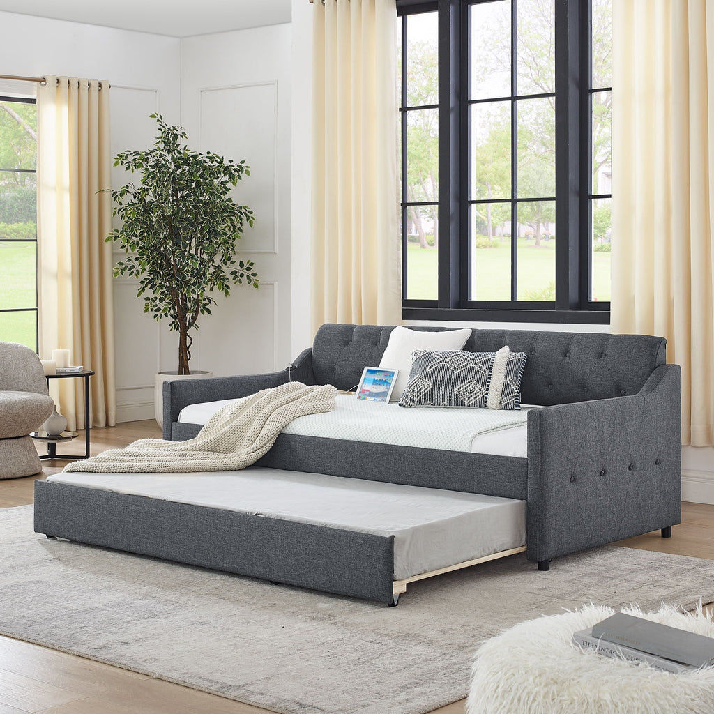 Size Upholstered Daybed With Trundle And USB Charging Armrest