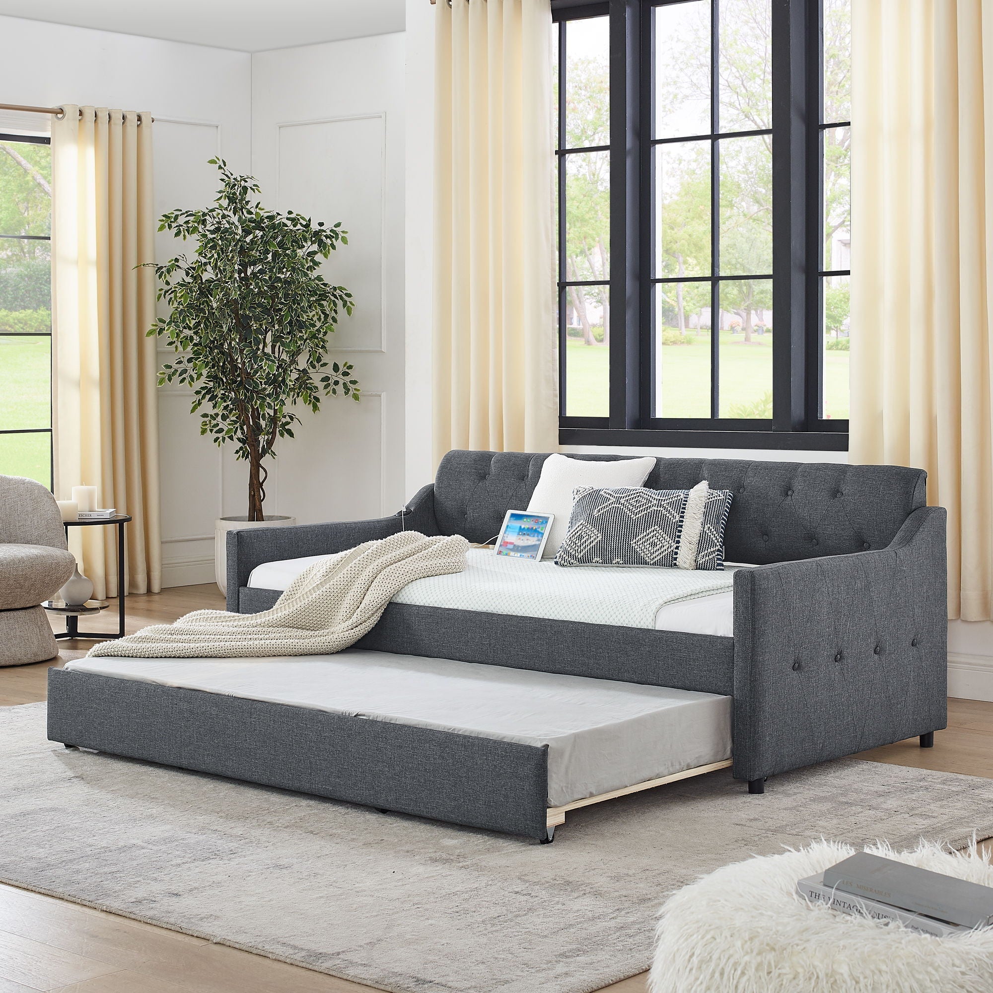 Size Upholstered Daybed With Trundle And USB Charging Armrest