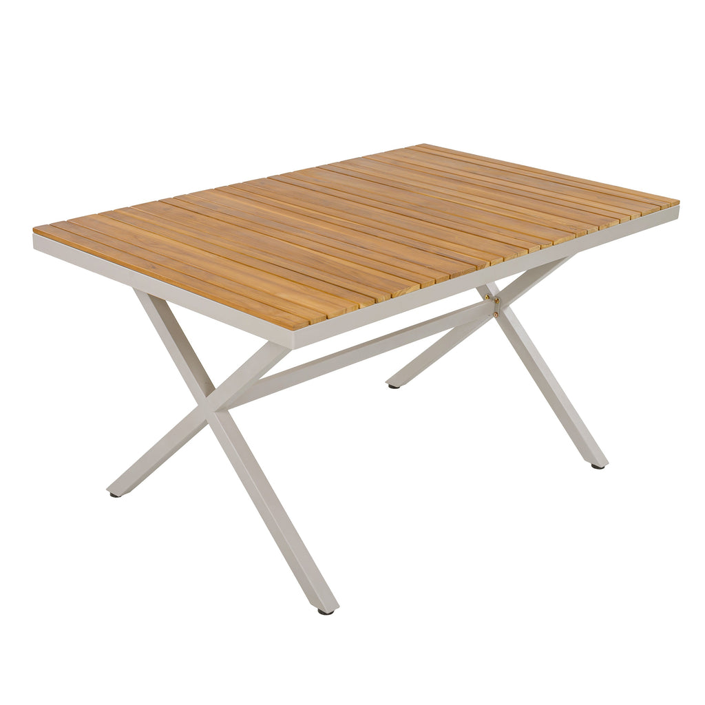 Outdoor 7-Piece Dining Set - Rectangular Teak Wood Table + 6 Wicker Chairs with Cushions