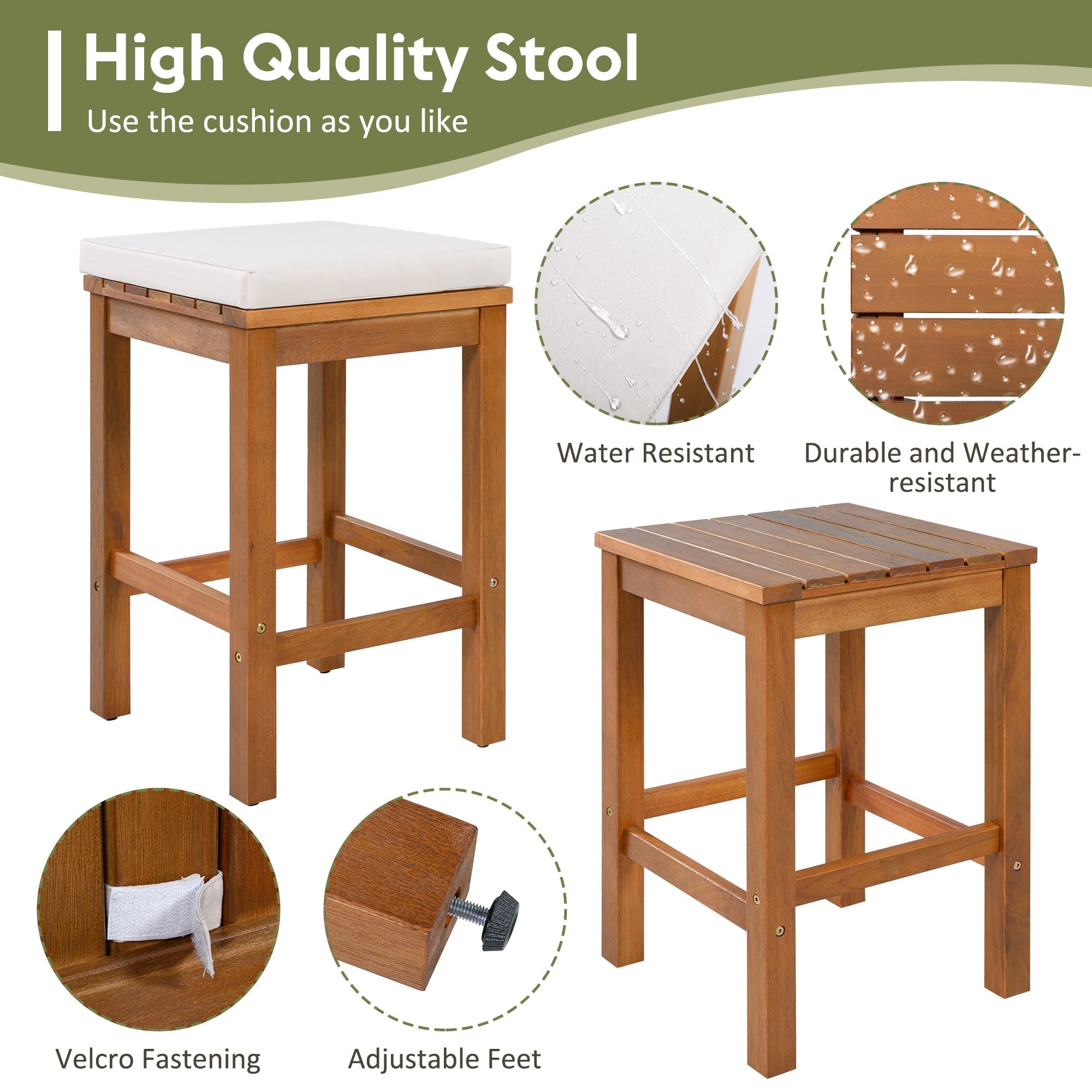 5 Piece Outdoor Bar Set with Acacia Wood Table & Cushioned Stools
