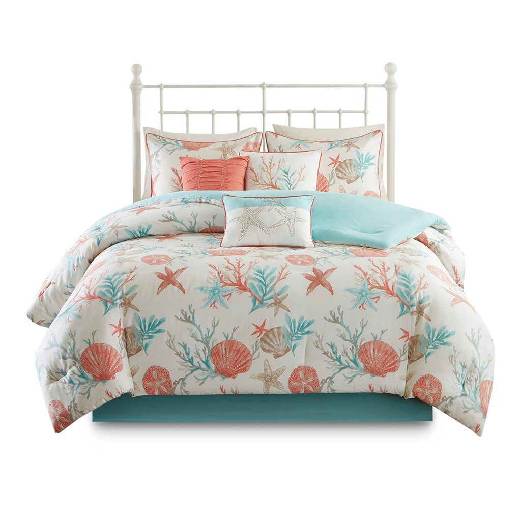 7 Piece Cotton Sateen Comforter Set Coral King