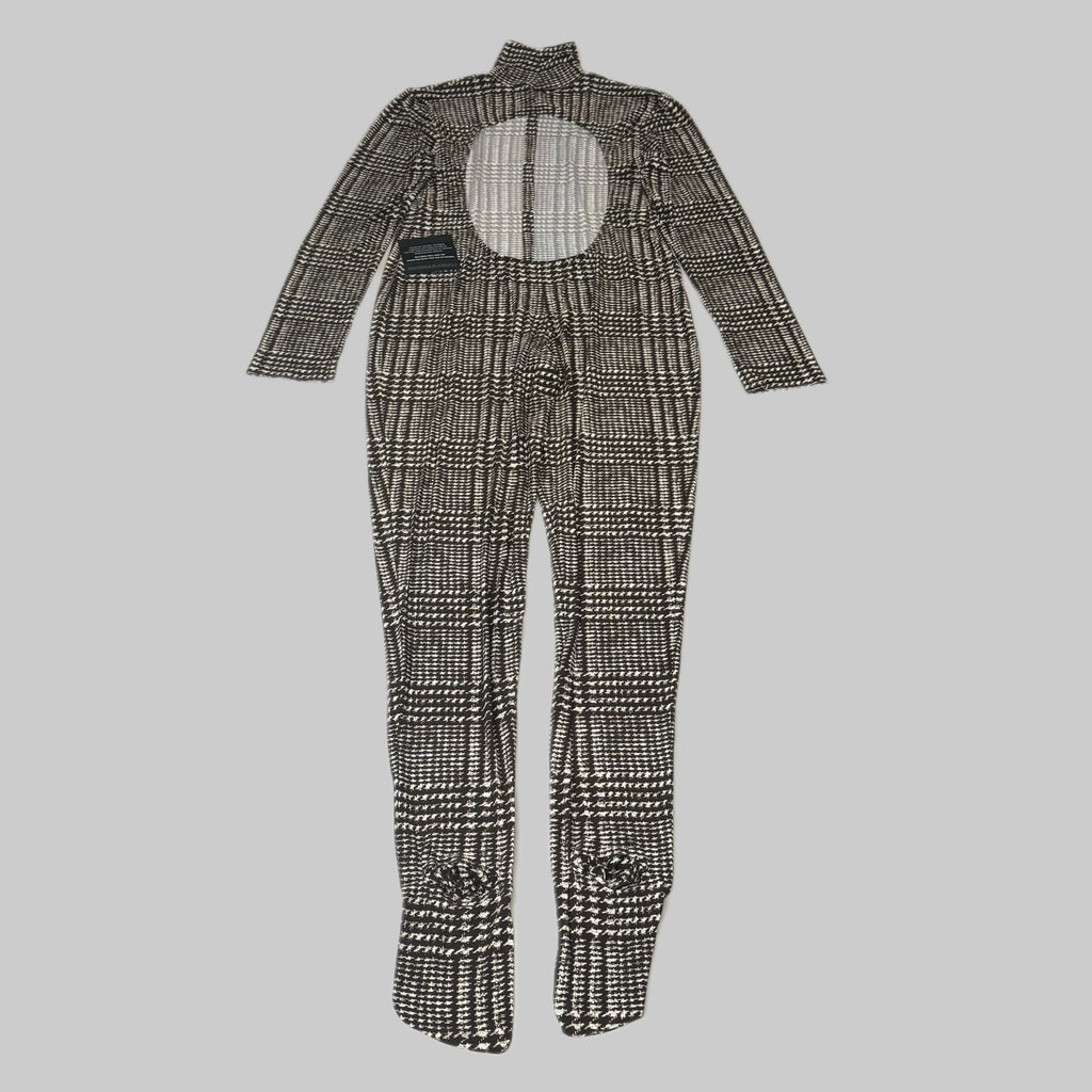 NORMA KAMALI Sleeve Open Back Catsuit Footsie Women's Sz XL/42 Chocolate Plaid
