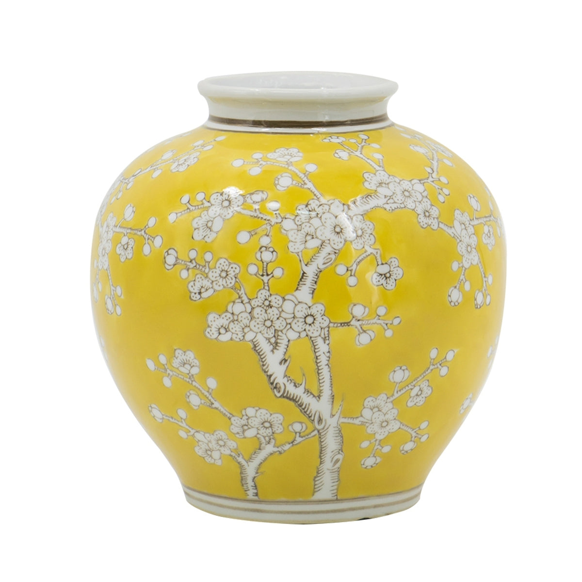 D8.7x9.1' Yellow and White Wide Curved Plum Blossom Vase