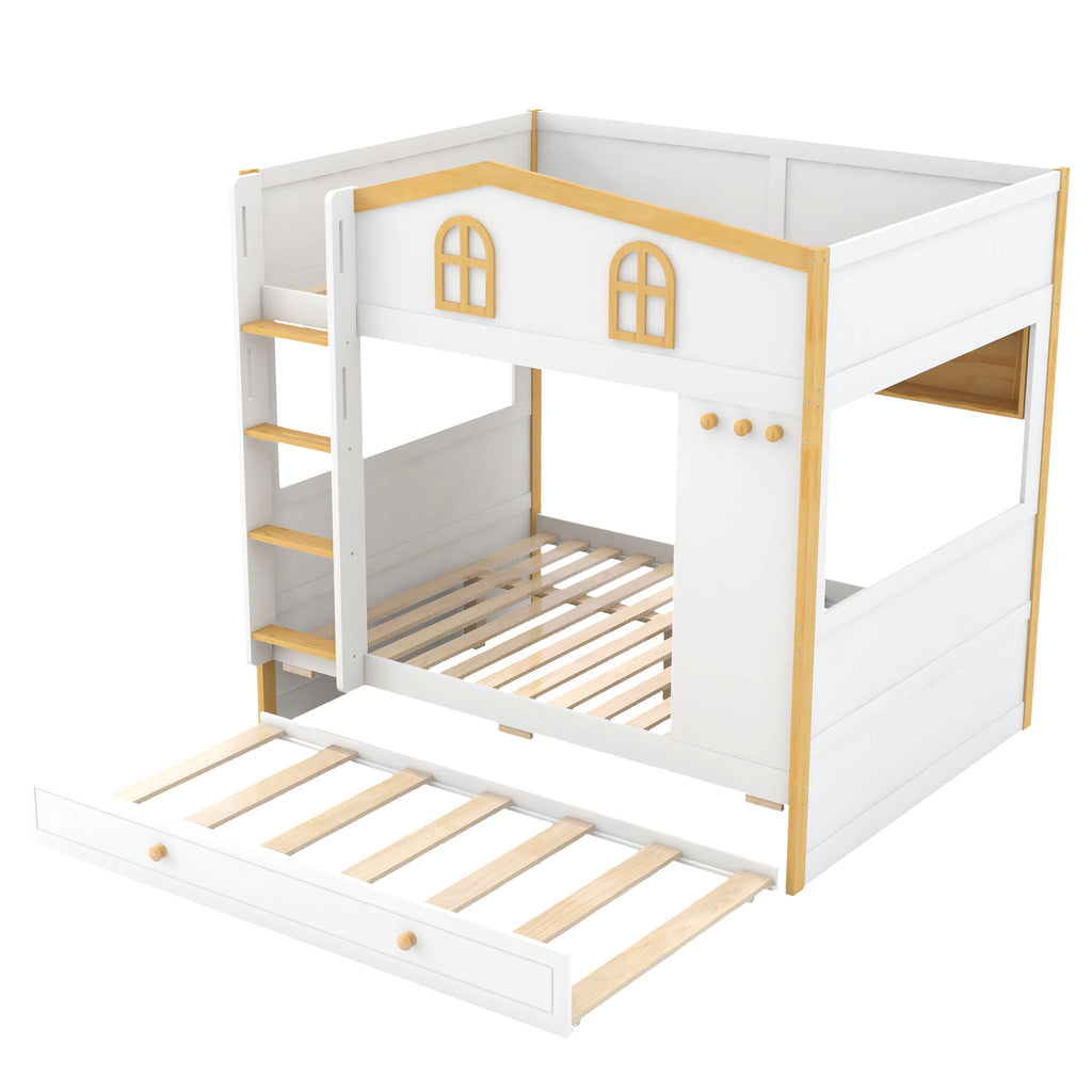 Full Over Full Bunk Bed With Storage Shelves And Trundle - White / Natural
