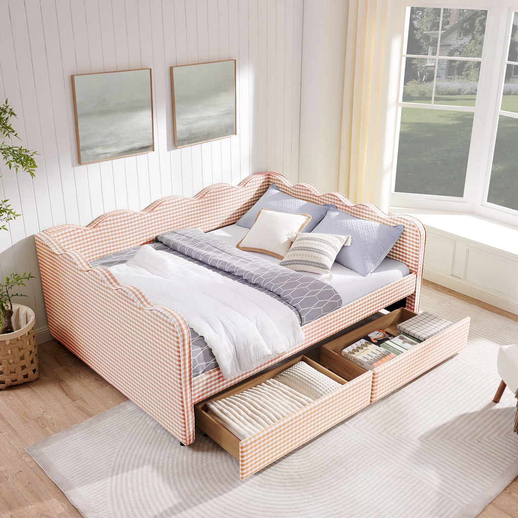 Queen Size Cozy Gingham Daybed with Two Storage Drawers and USB Port