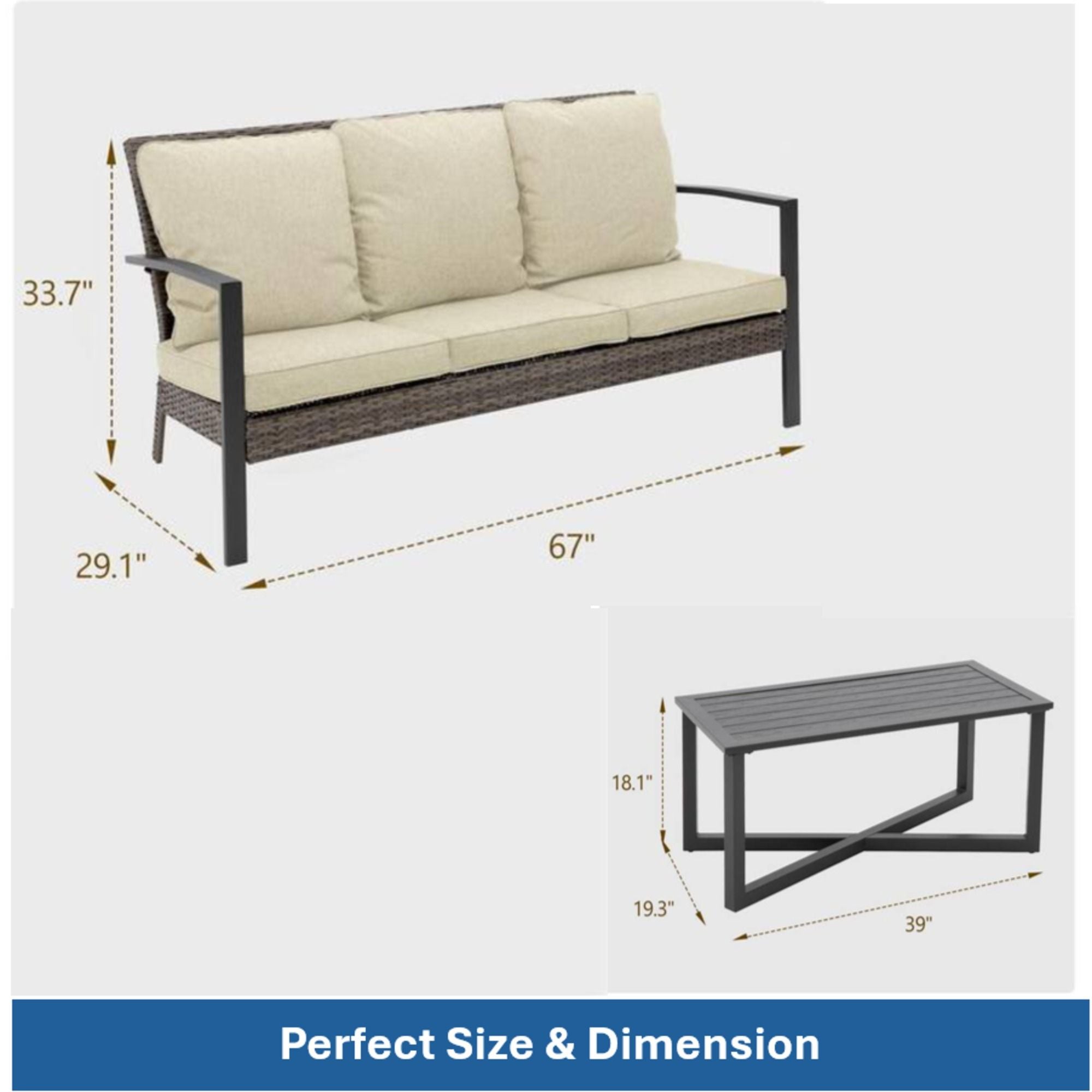 2 Piece Patio Set With Cushions & Coffee Table