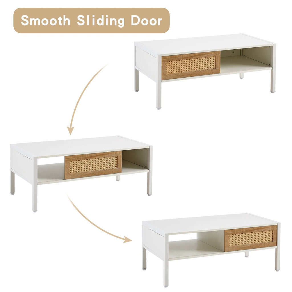 Modern Rattan Coffee Table with Sliding Door