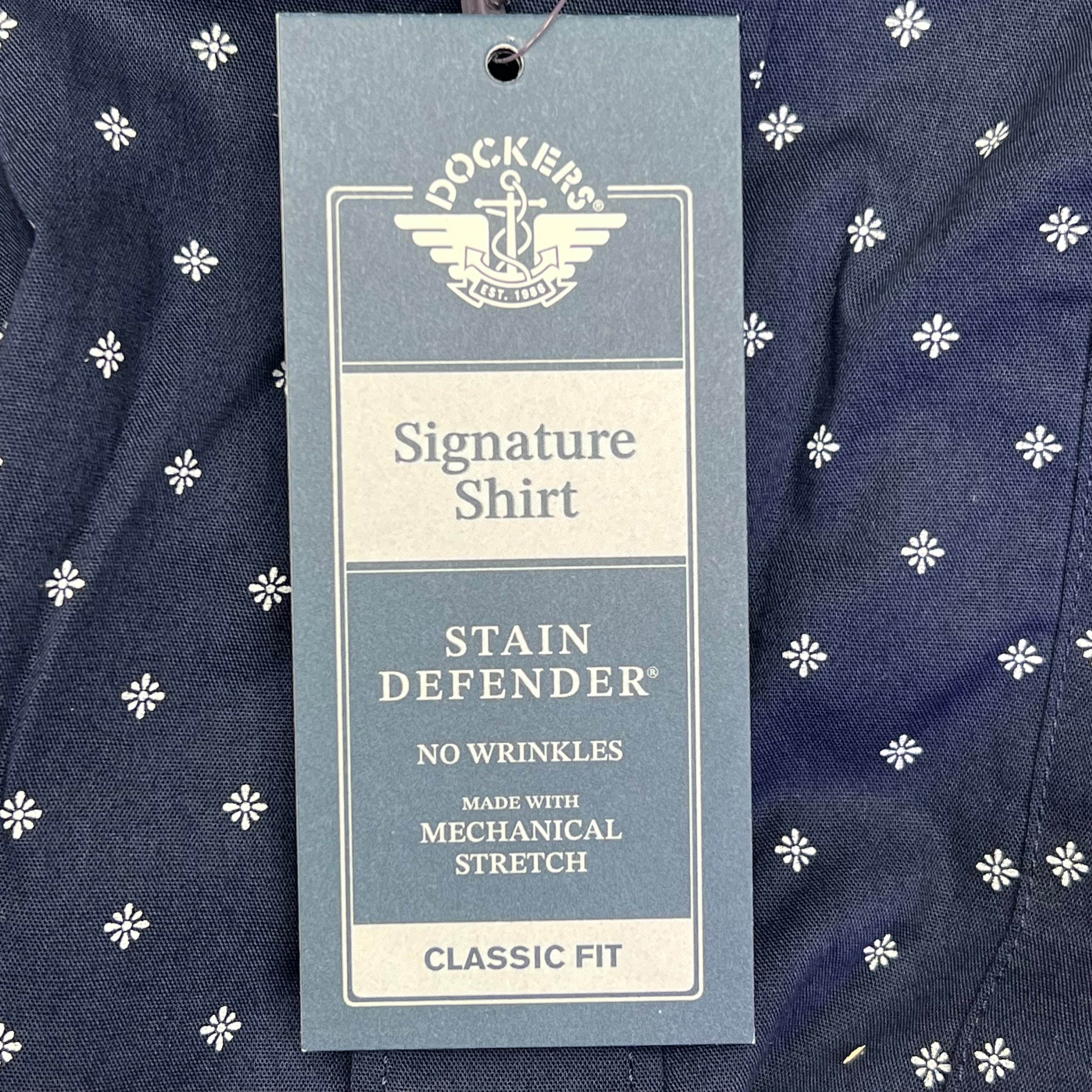 DOCKERS Stain Defender Button Up Shirt Daisy Pattern Men's Sz XL Navy Blue