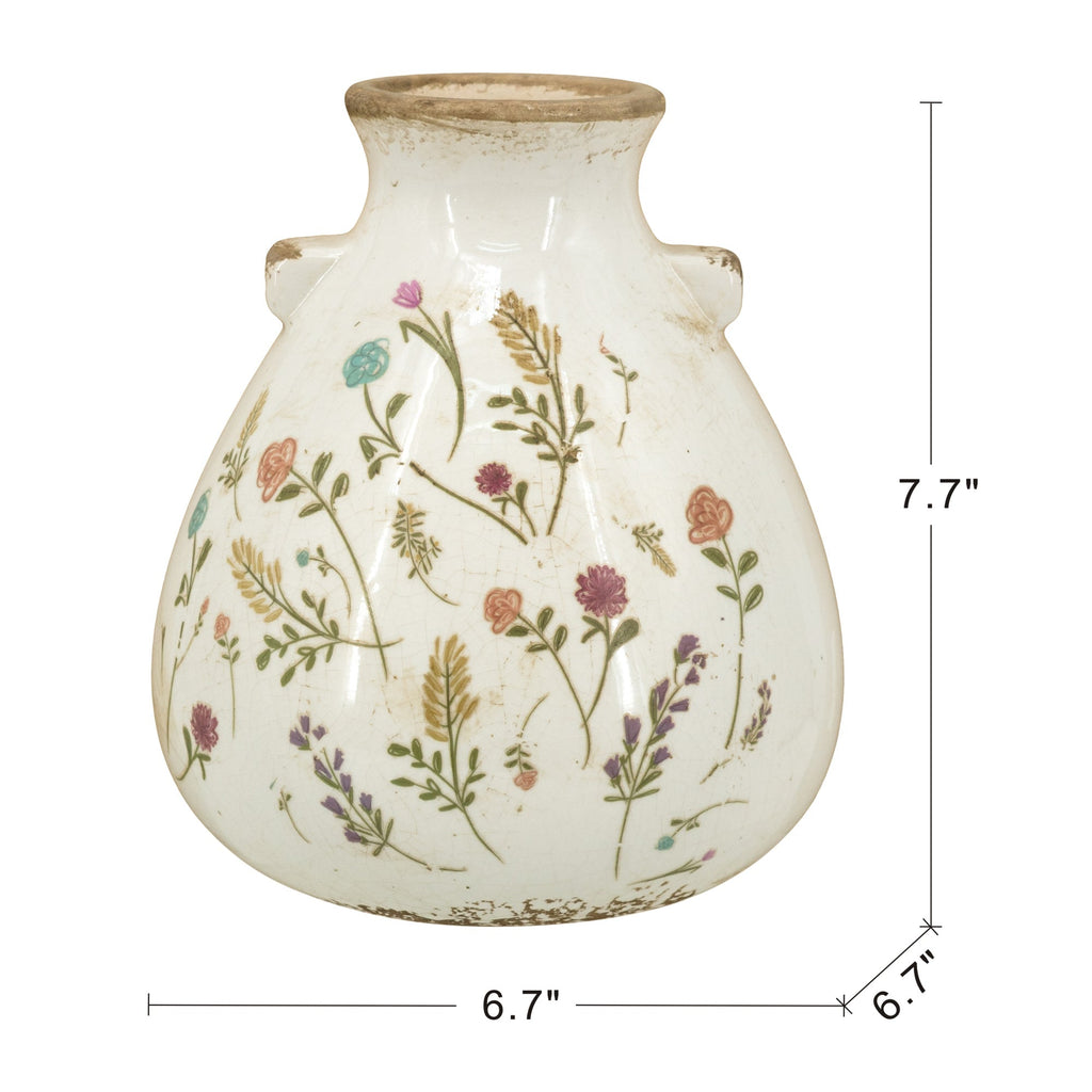 6.7x6.7x7.7' Round Ceramic Accent Vase with Multi-Colored Floral Motifs