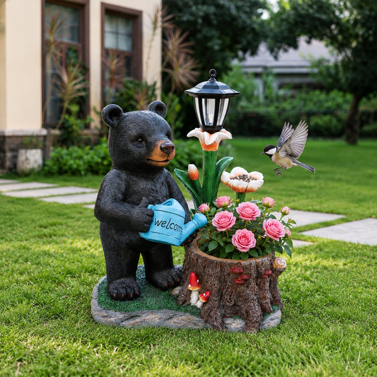 Standing Black Bear Garden Planter with Decorative Solar Lantern