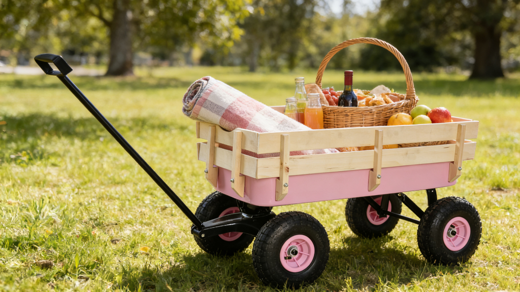 Outdoor All Terrain Garden Wagon with Wooden Railings and Pneumatic Tires