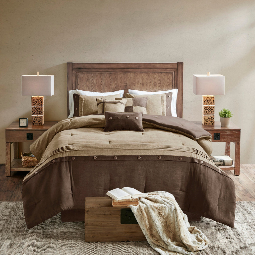 7 Piece Faux Suede Comforter Set Brown King