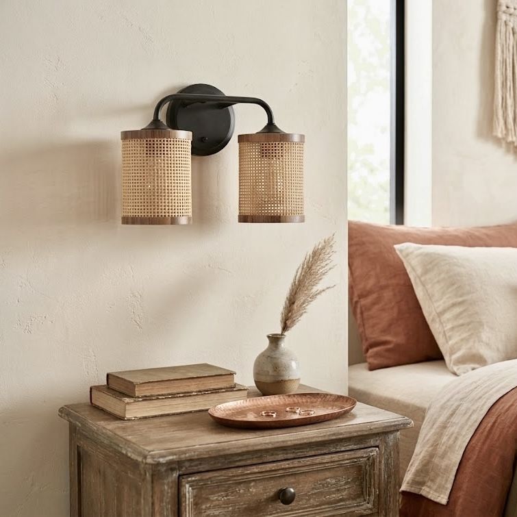 Quell - Double Light Vanity With Natural Shade Wall Lamp - Black / Rattan