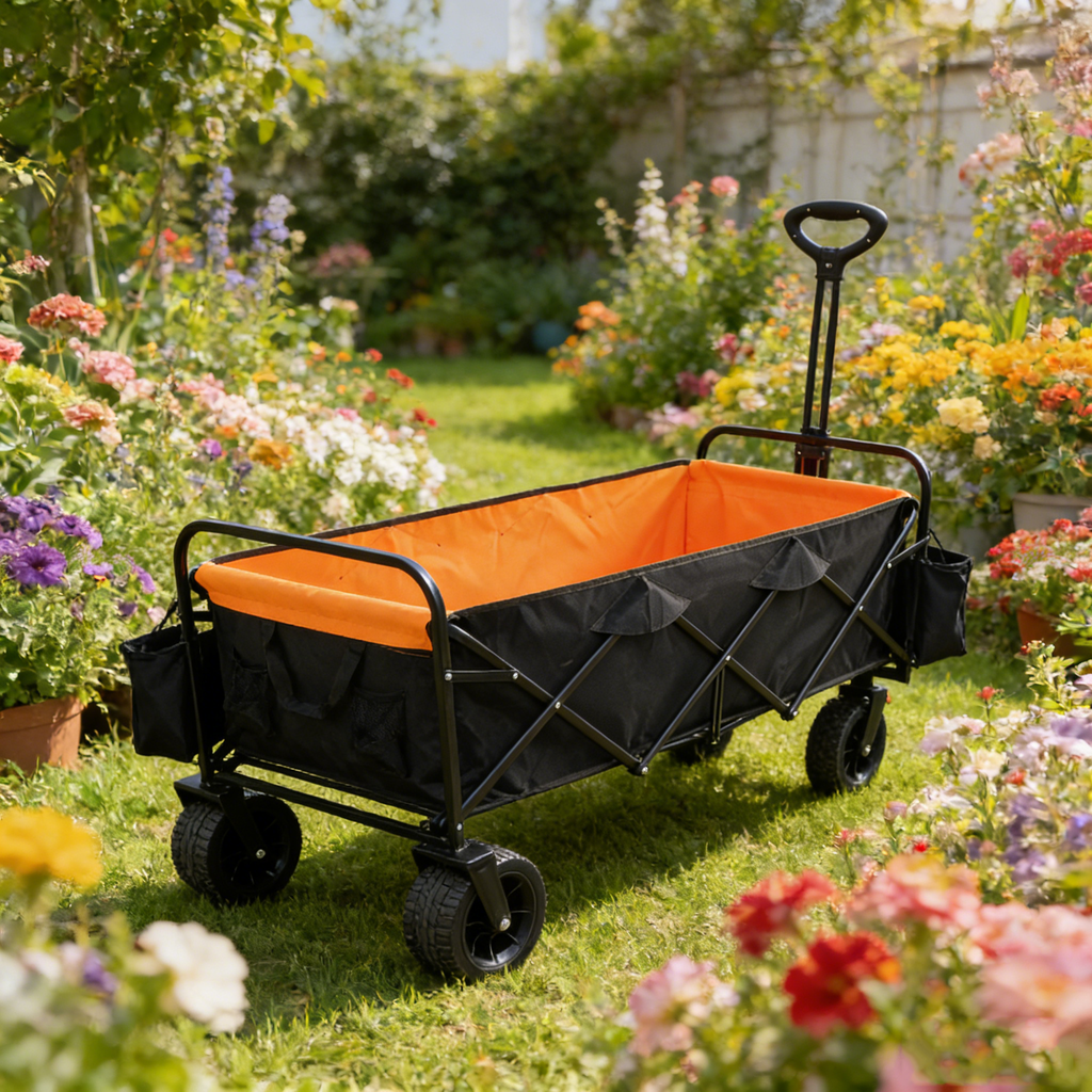 Big Large Capacity Folding Wagon Cart with Extender (Black + Orange)