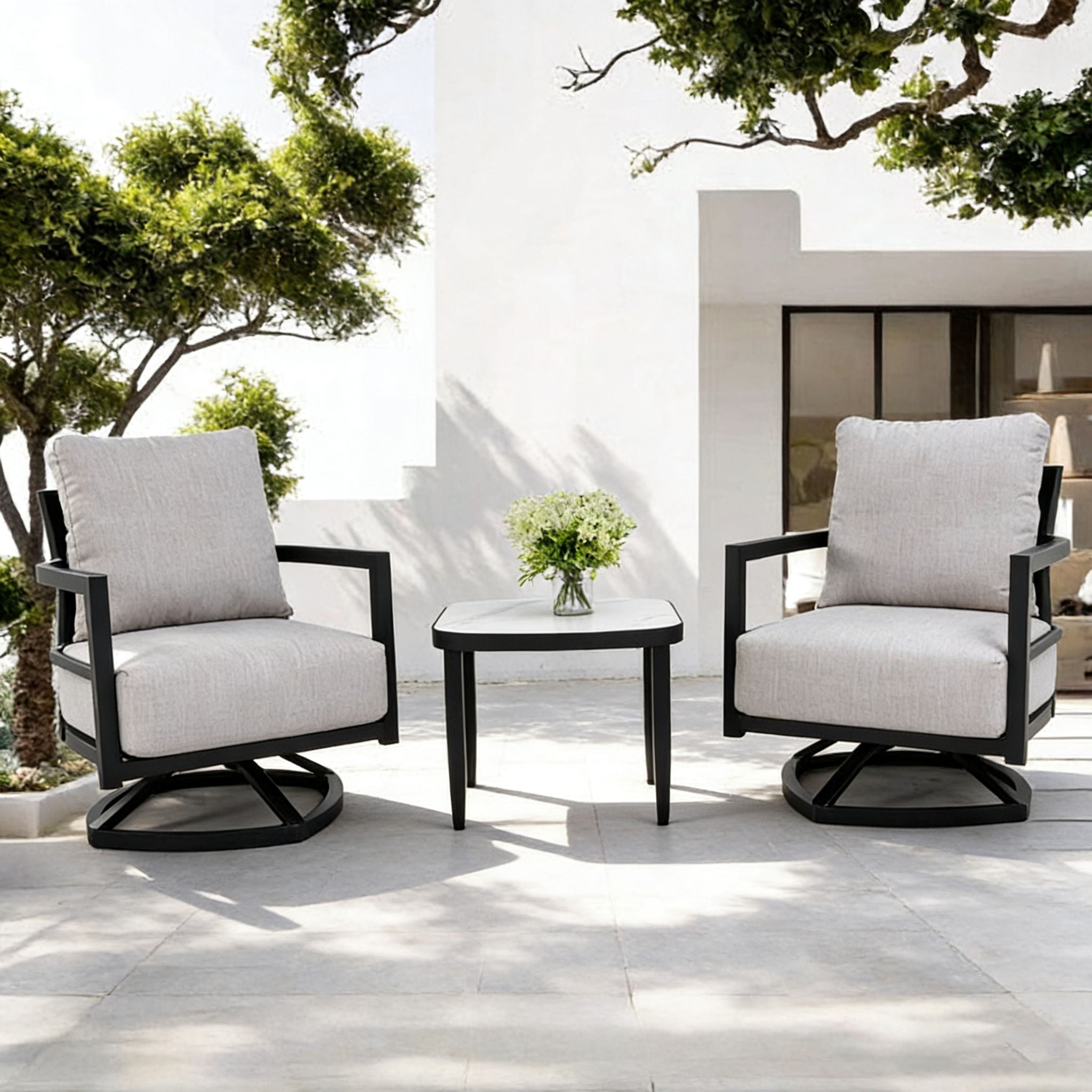 Outdoor Patio Furniture Chat Set with Sunbrella Cushions and Side Table