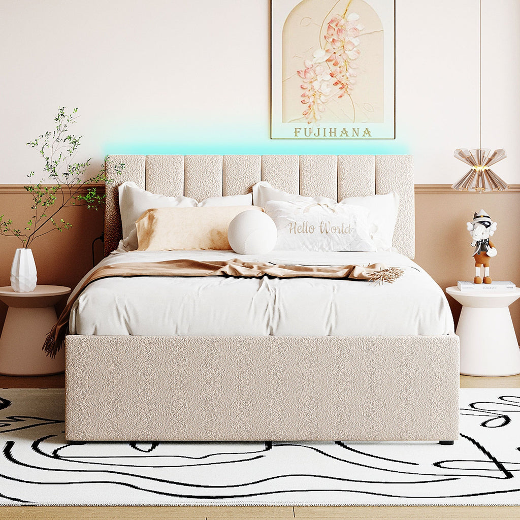 Teddy Fleece Full Size Upholstered Platform Bed with Twin Trundle