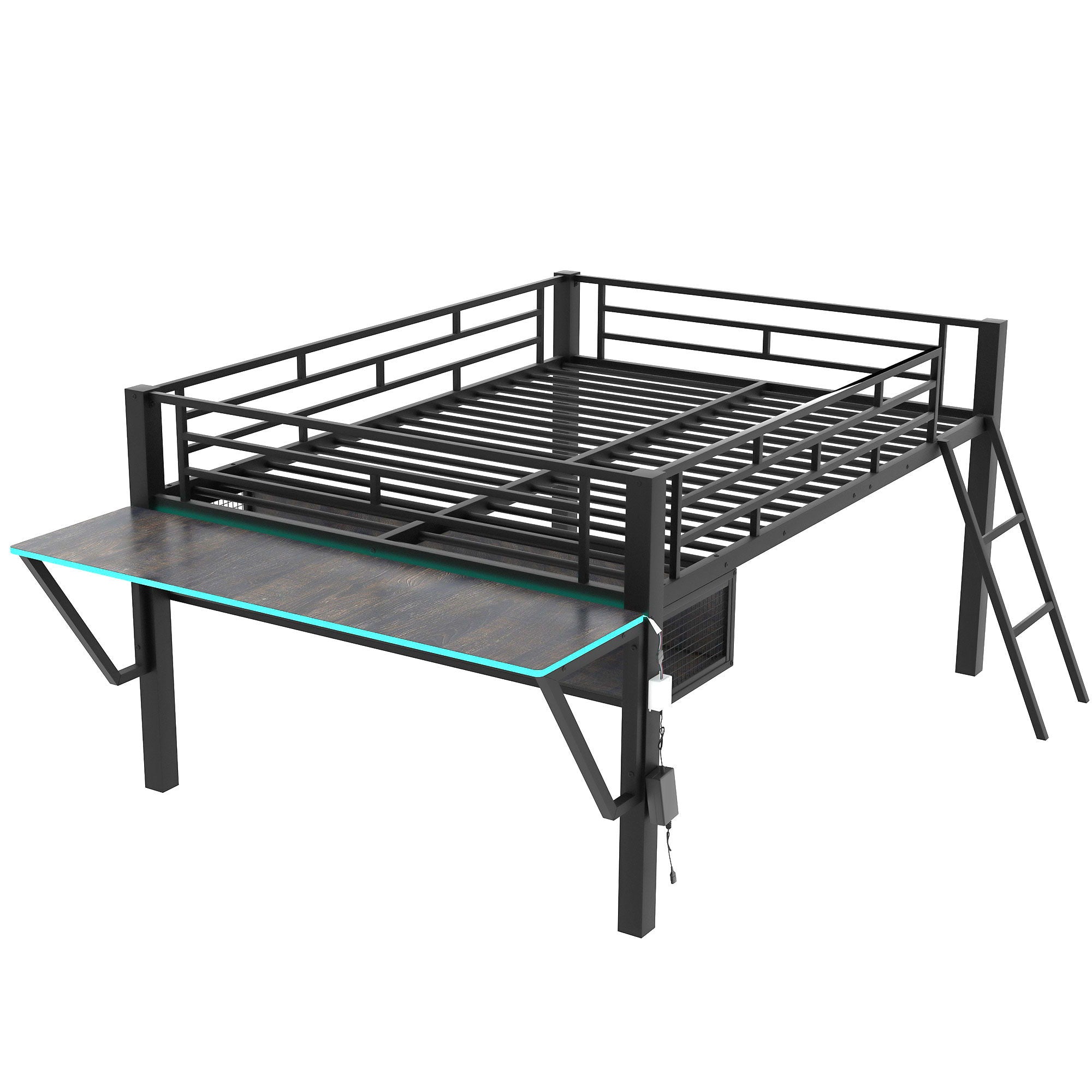 Gaming - Full Size Loft Bed With Desk, LED - Black