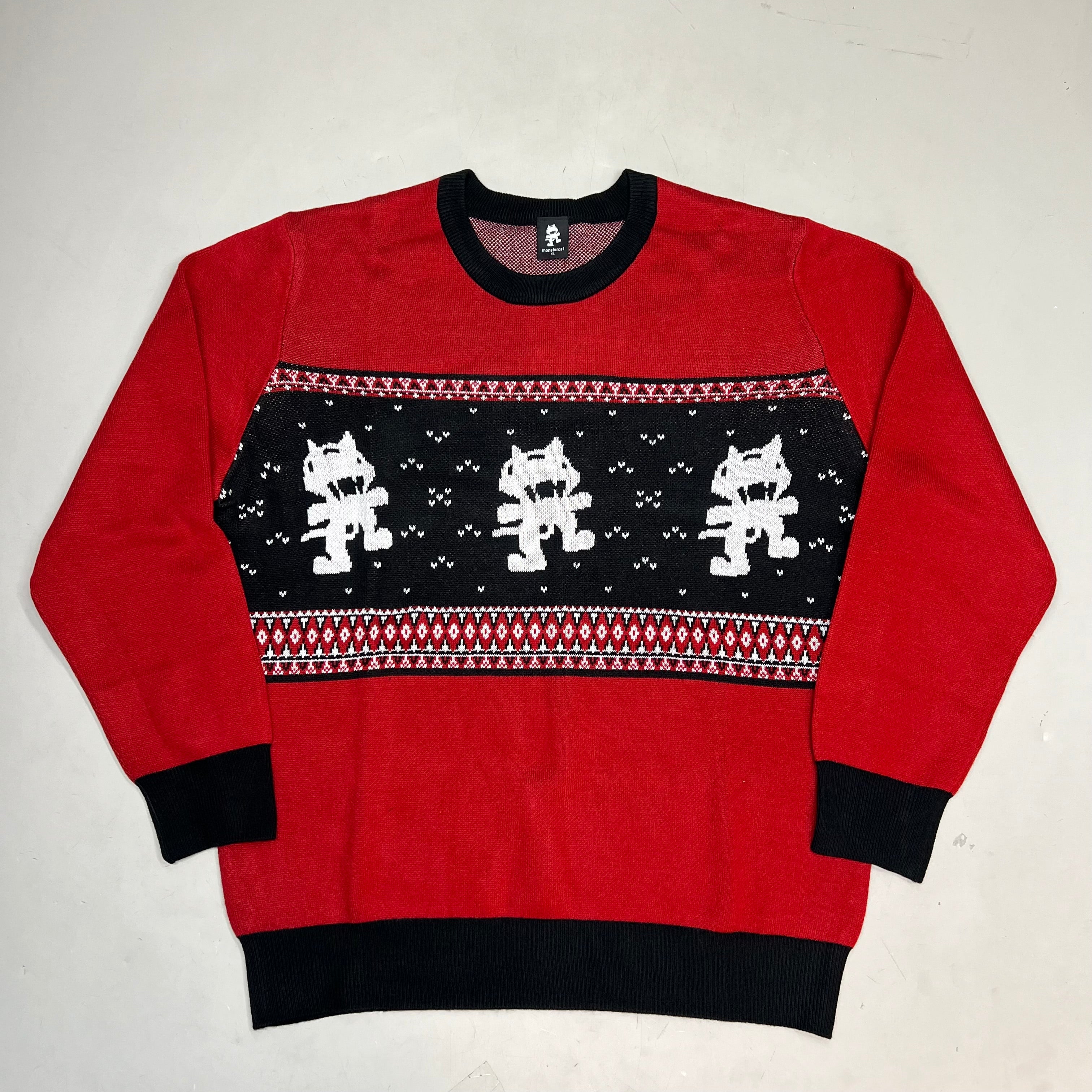 MONSTERCAT Records Holiday Intarsia Pullover Sweater Men's Sz S Deep Red/Black