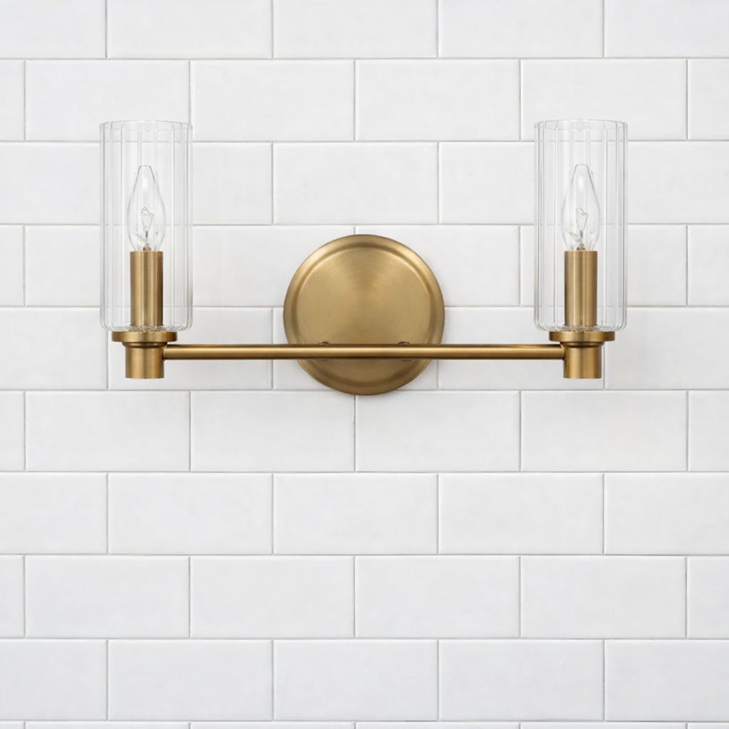 Regal - Double Light Vanity With Clear Ribbed Satin - Antique Brass / Clear