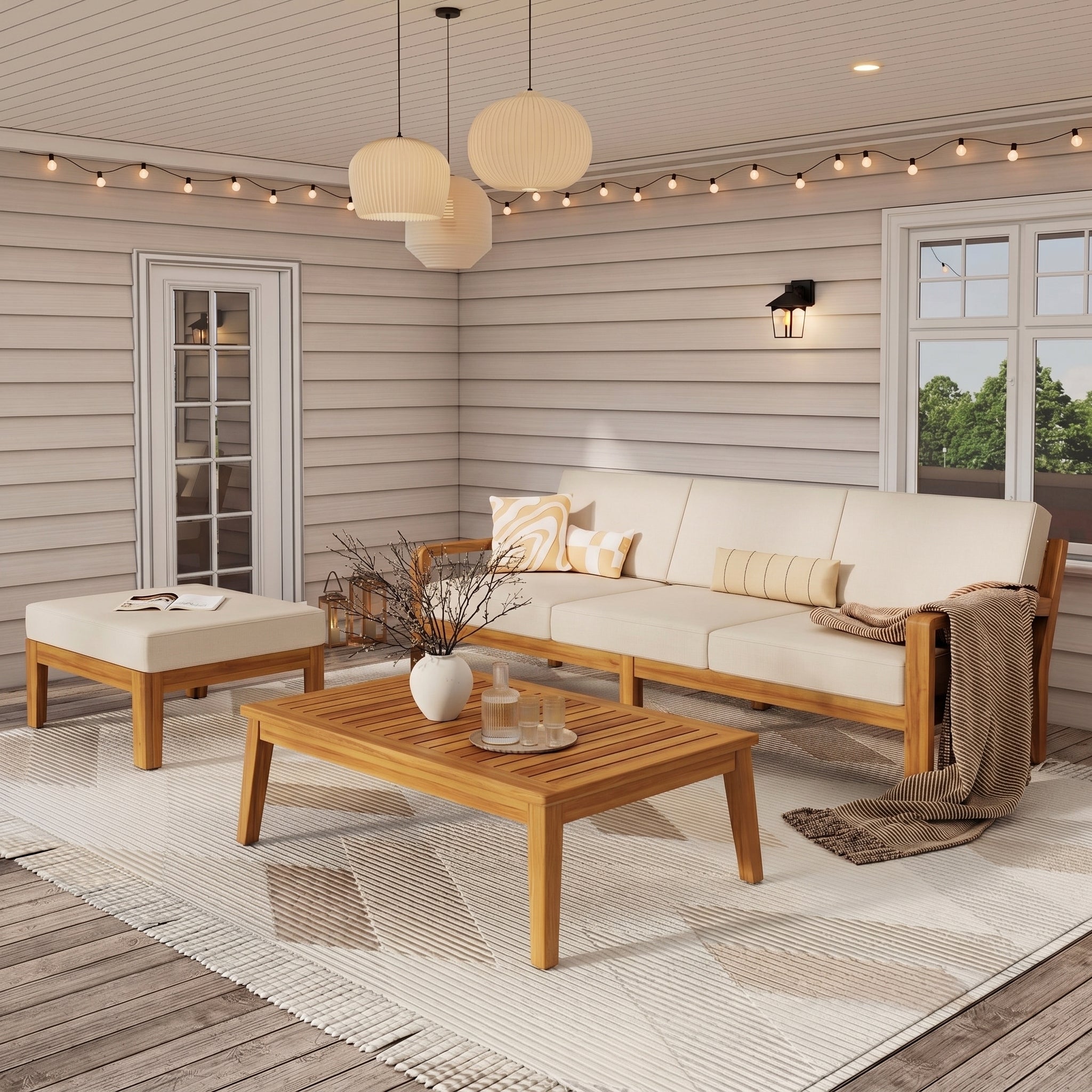 Outdoor L Shape 3pcs Acacia Wood Patio Sofa Set