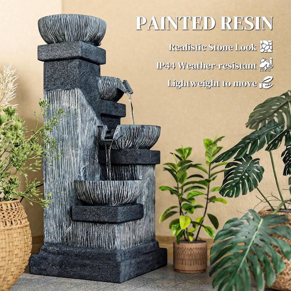 4-Tier Resin Cascading Bowls Outdoor Waterfall Fountain with LED Lights