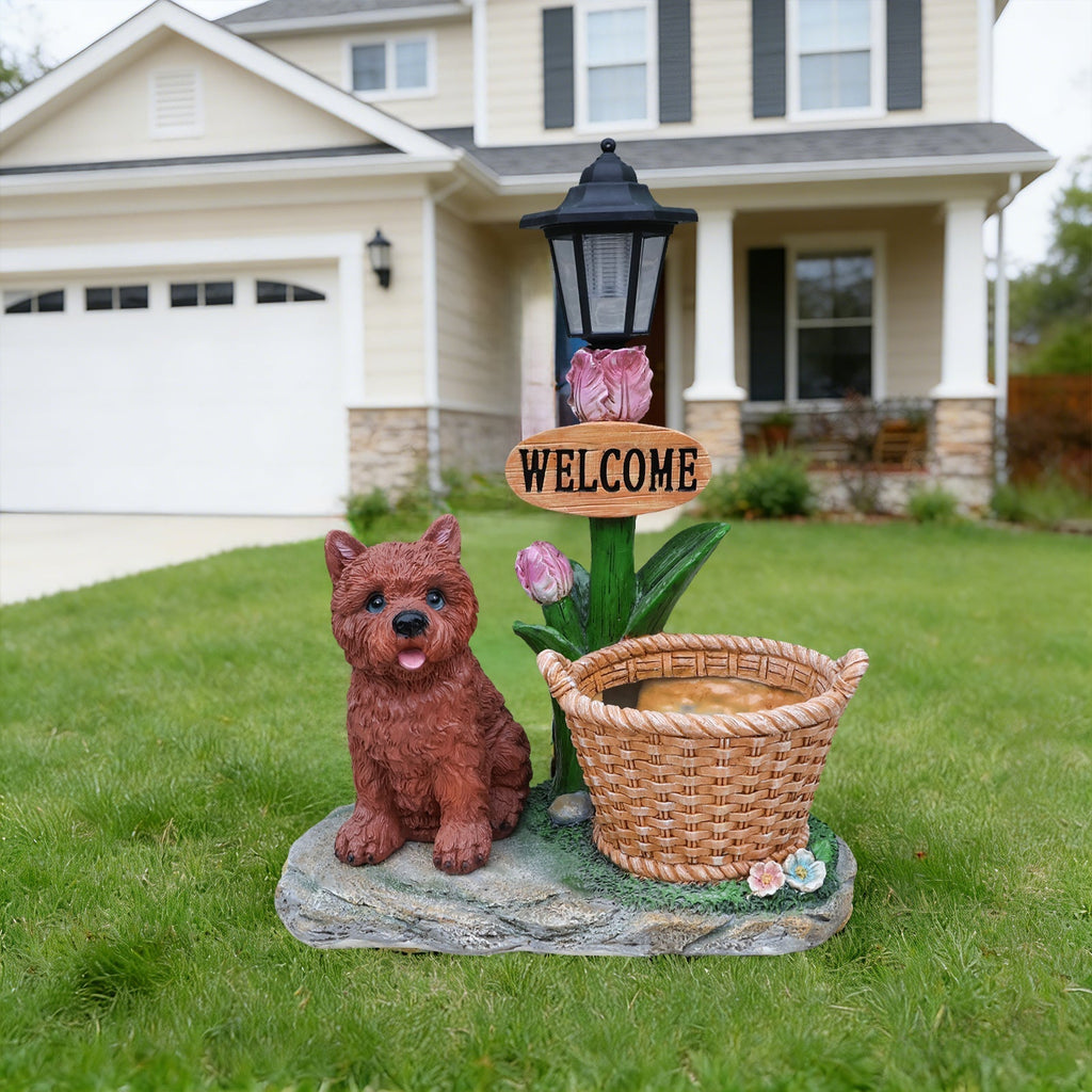 Sitting Puppy Solar Planter Outdoor Statue