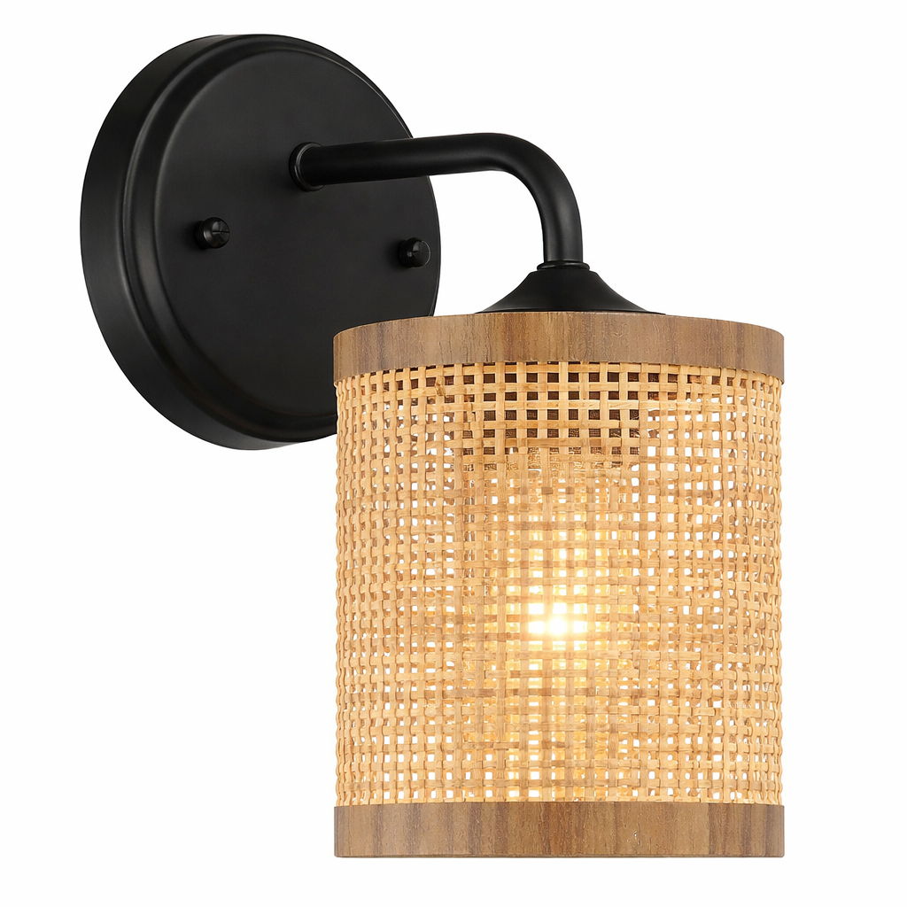 Reef - Single Lights Wall Sconce With Natural Shade Rustic Wicker Wall Light - Black / Rattan