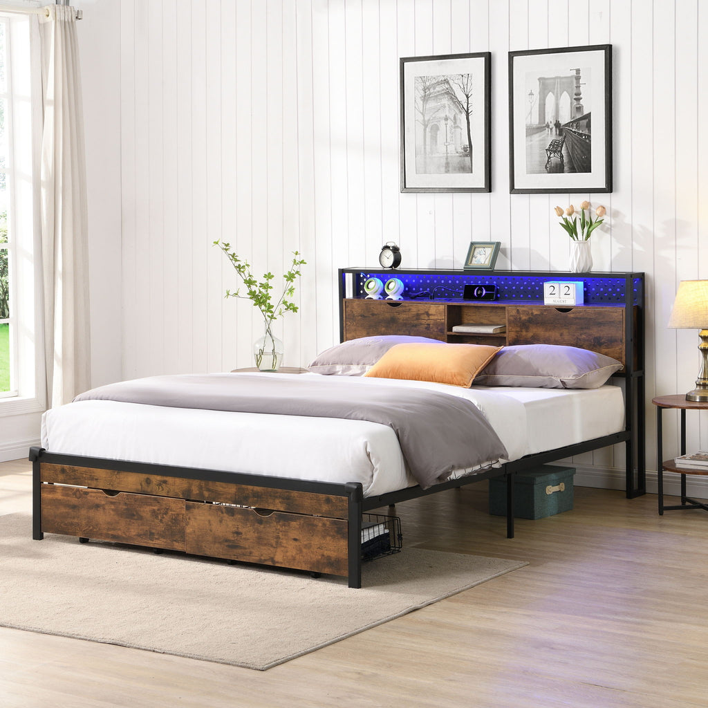 Modern Metal Platform Bed Frame with Wooden Headboard and Storage