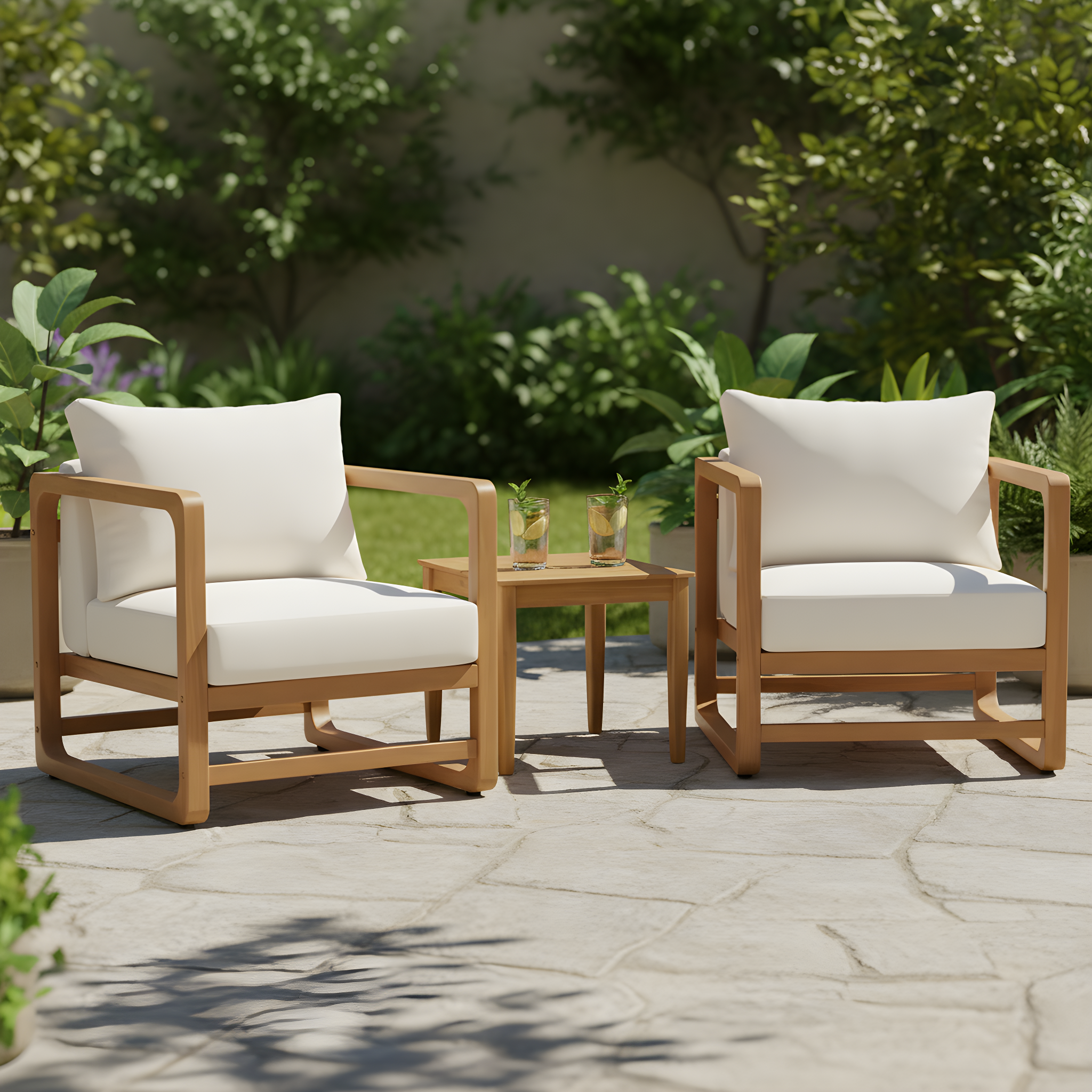Acacia Wood Outdoor Set: 2 Club Chairs + Rustic Slat Side Table
