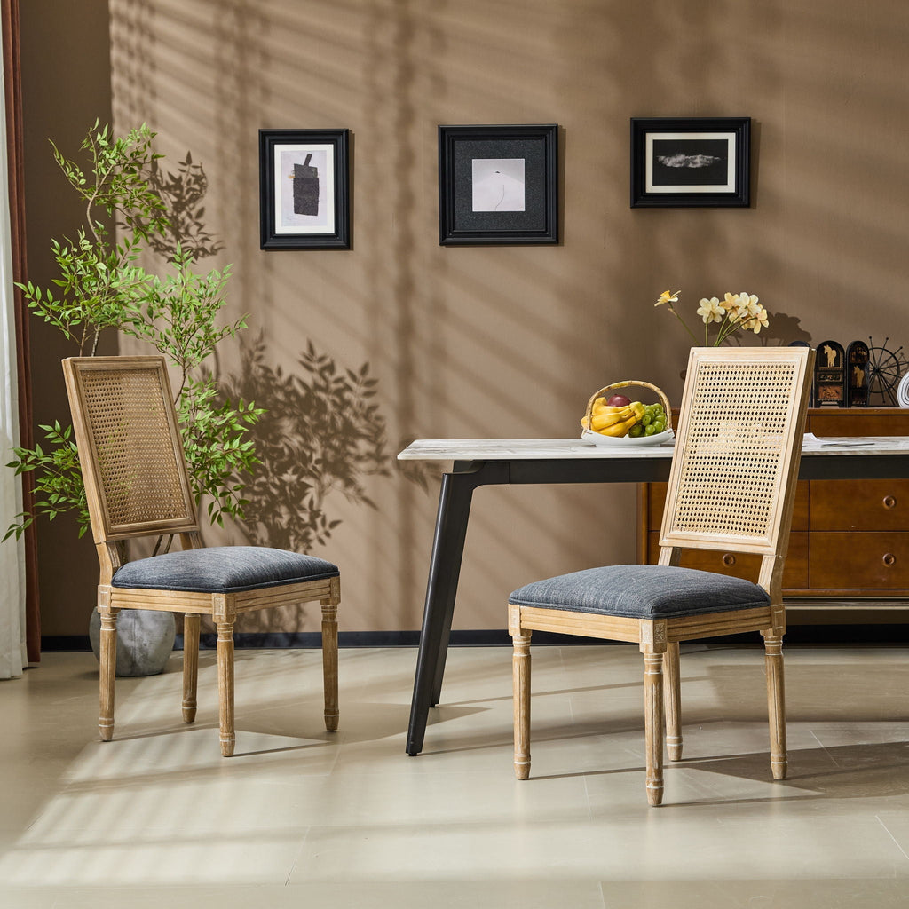French Country Dining Chair With Rectangular Cane Backrest And Smooth Upholstered Seating