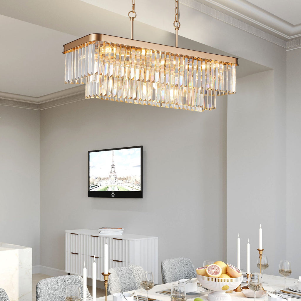 Rectangular Crystal Chandelier Adjustable Gold Iron Ceiling Light