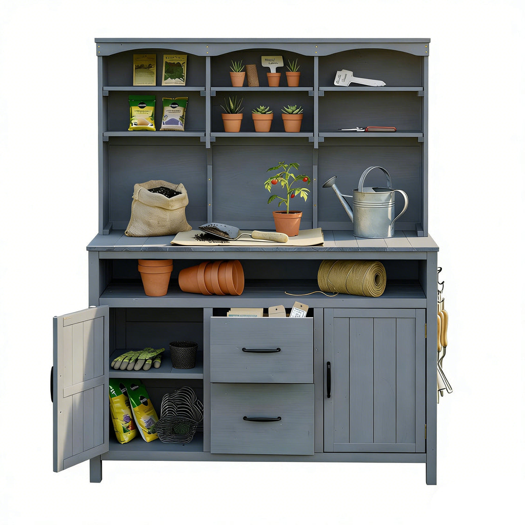 TOPMAX Large Fir Wood Potting Bench with Hutch and Storage