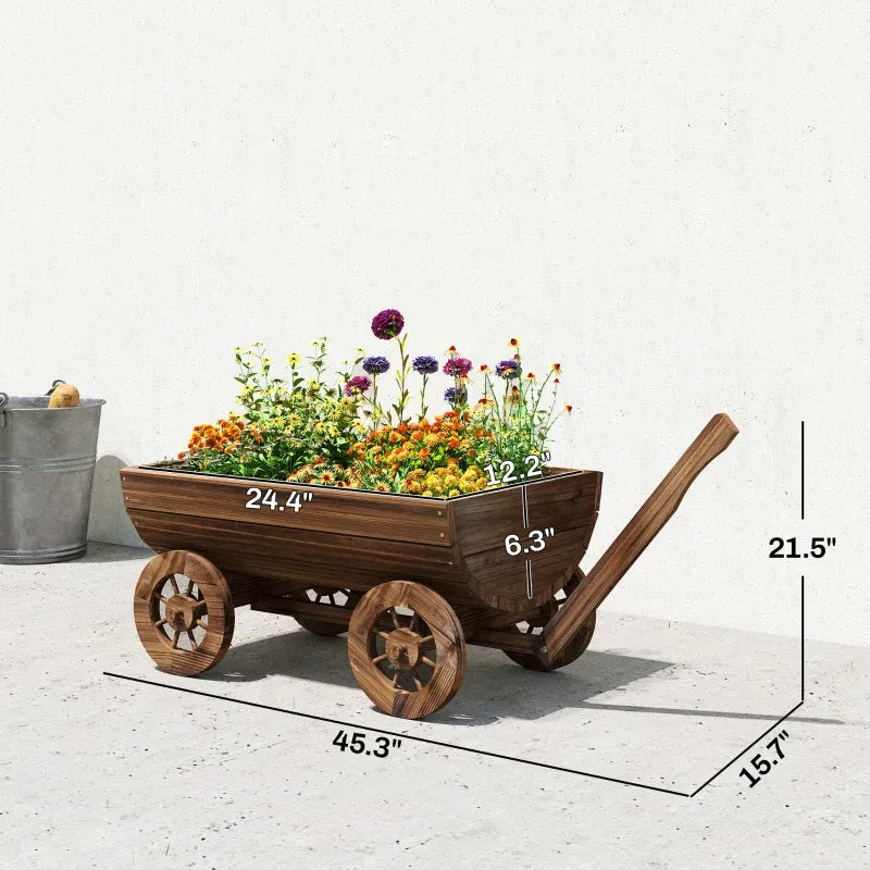 Small Wheelbarrow Wagon Flower Cart Wooden Mobile Garden Planter