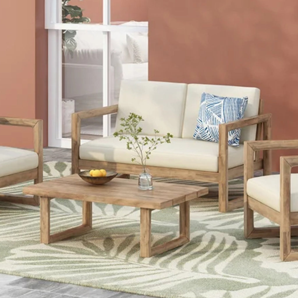 Outdoor Acacia Wood Loveseat and Coffee Table Set with Cushions