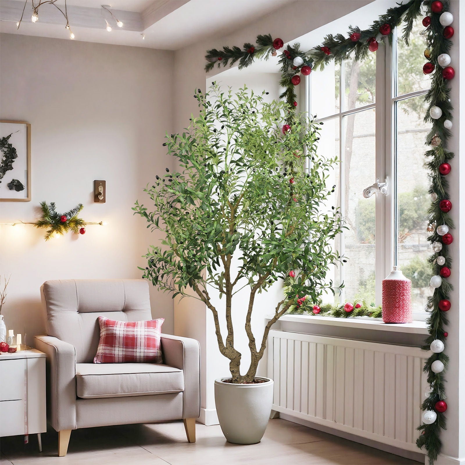 Artificial Olive Tree Large With Trunk, Indoor / Outdoor Decorative Plant For Living Room - Green