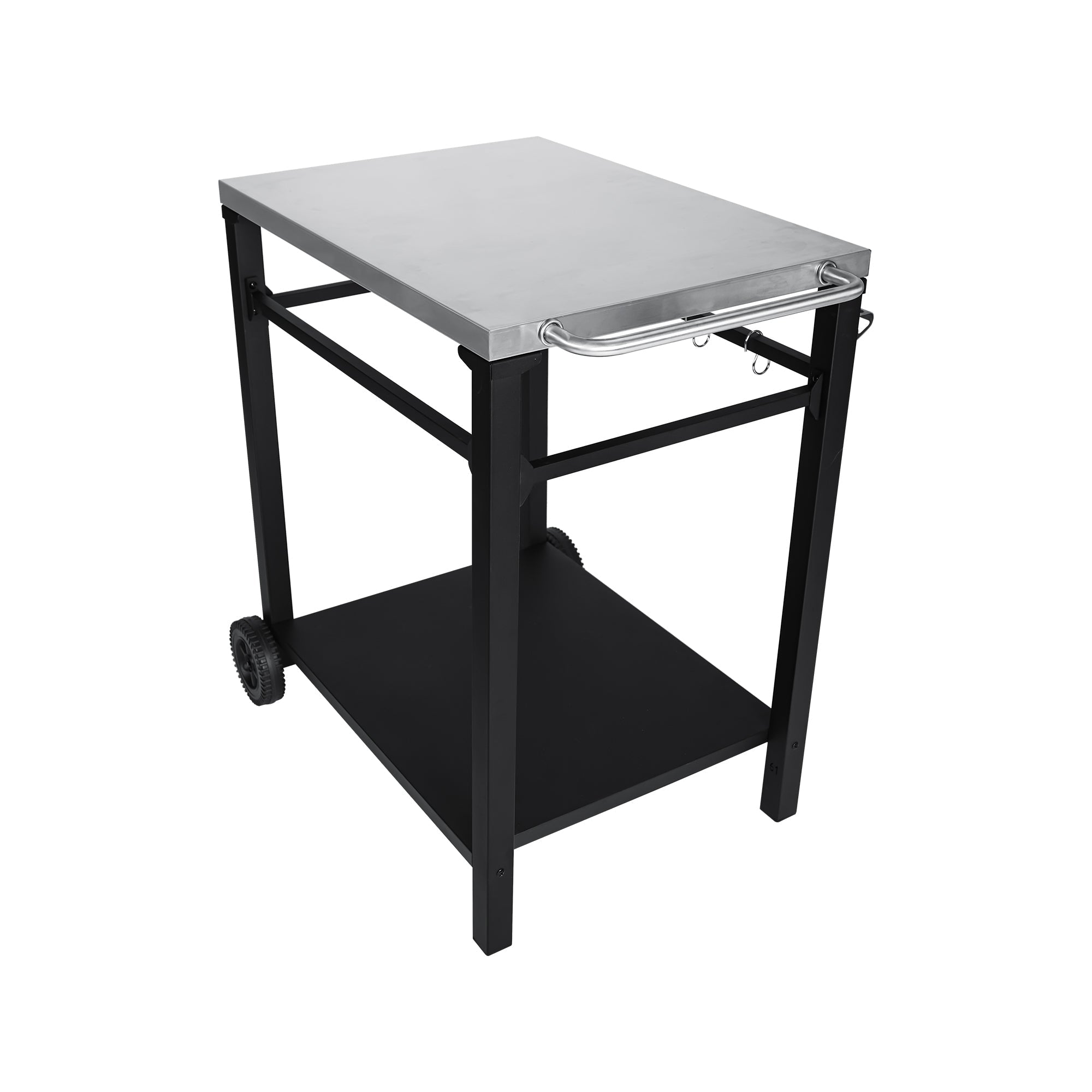 2-Tier Outdoor Grill Cart with Stainless Steel Top, Large Wheels & Tool Hooks