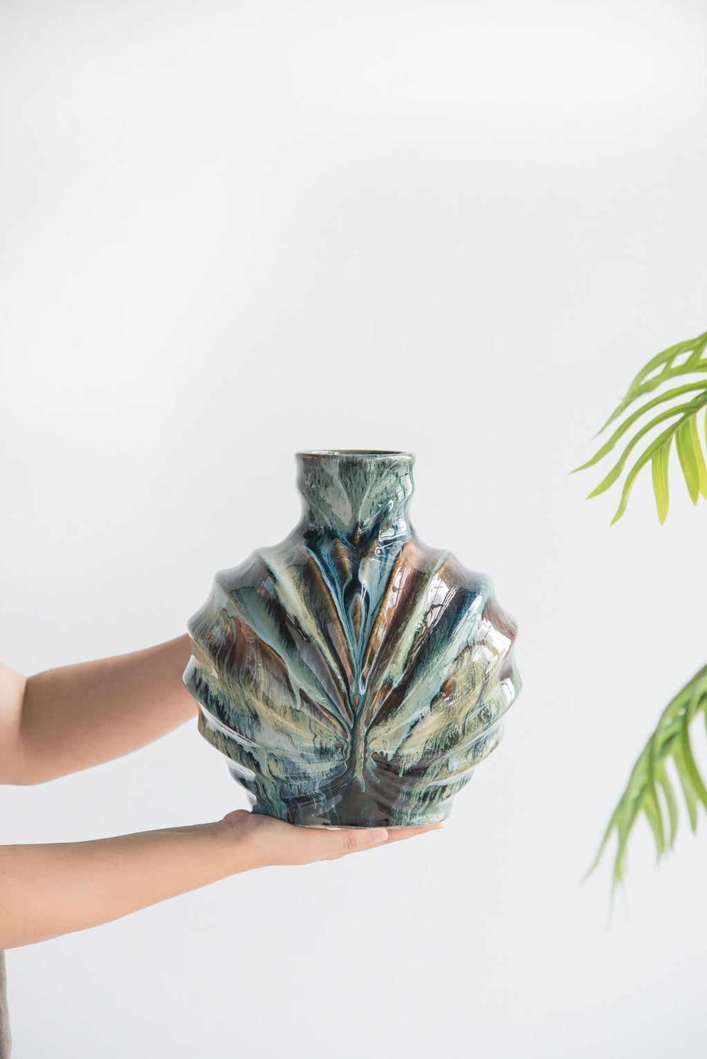 9.4x9.4x11" Blue and Brown Reactive Glazed Accent Vase