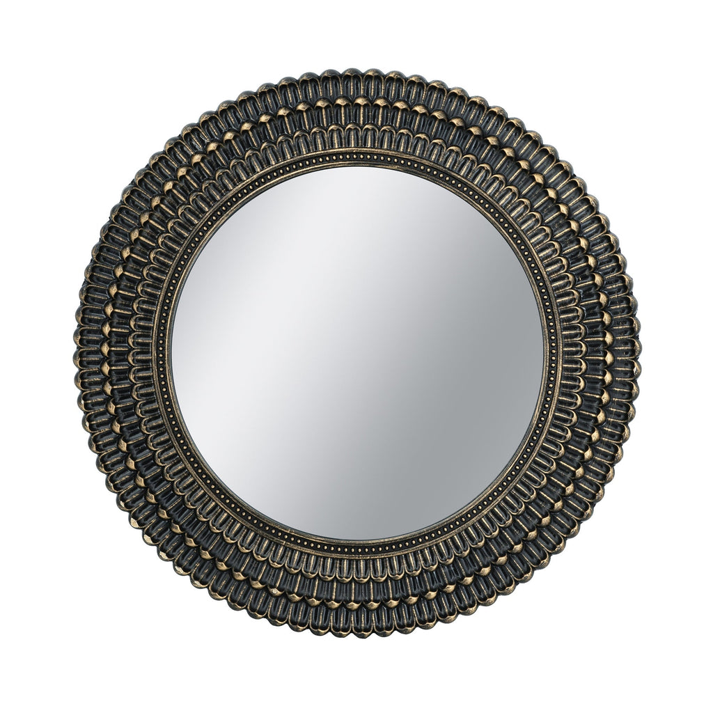 D26.5' Round Black and Gold Wooden Accent Mirror with Woven Texture