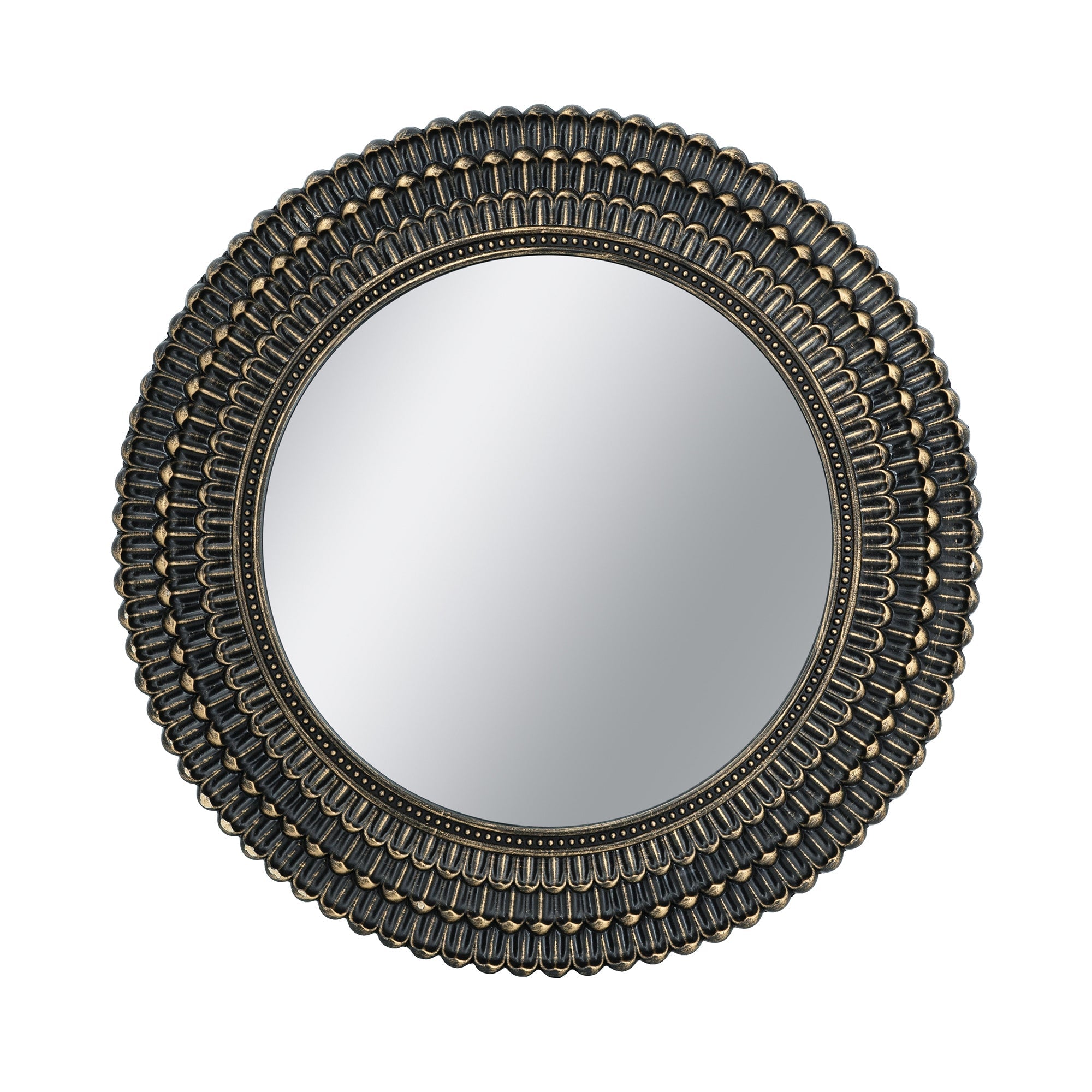 D26.5' Round Black and Gold Wooden Accent Mirror with Woven Texture
