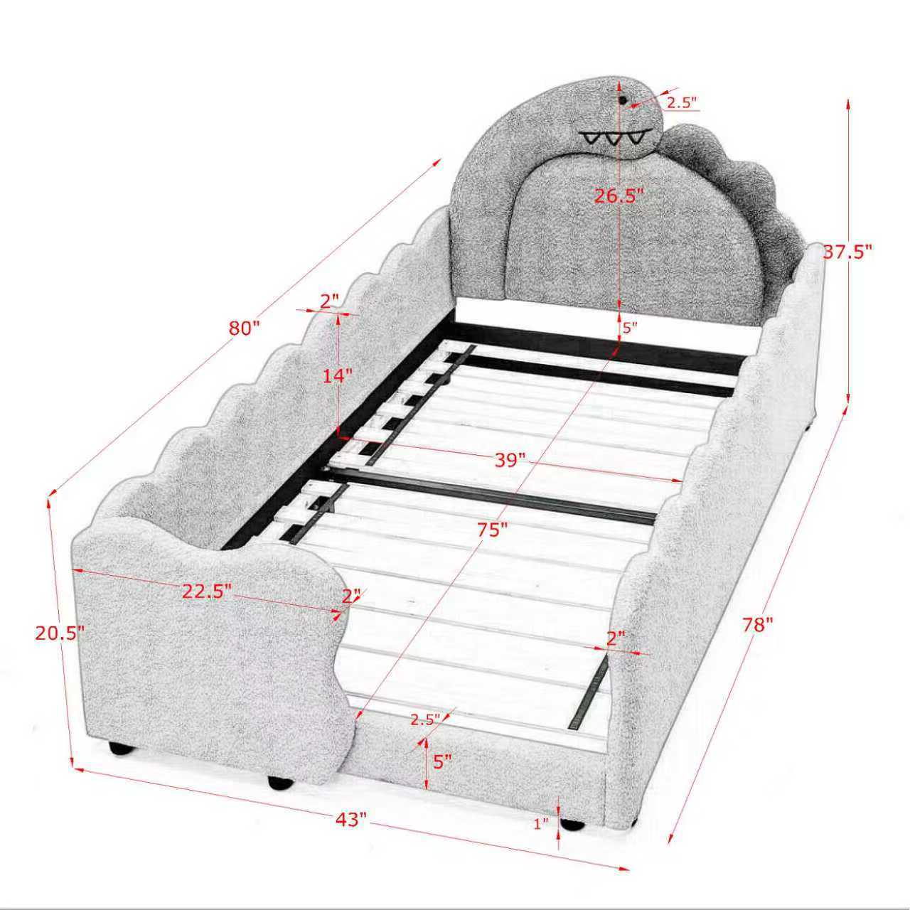 Twin Size Dinosaur-Shaped Kids Bed with Safety Guardrails