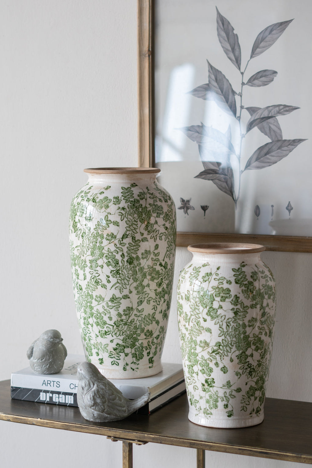 6.5x6.5x11.6 White Ceramic Flower Vase with Green Floral Pattern