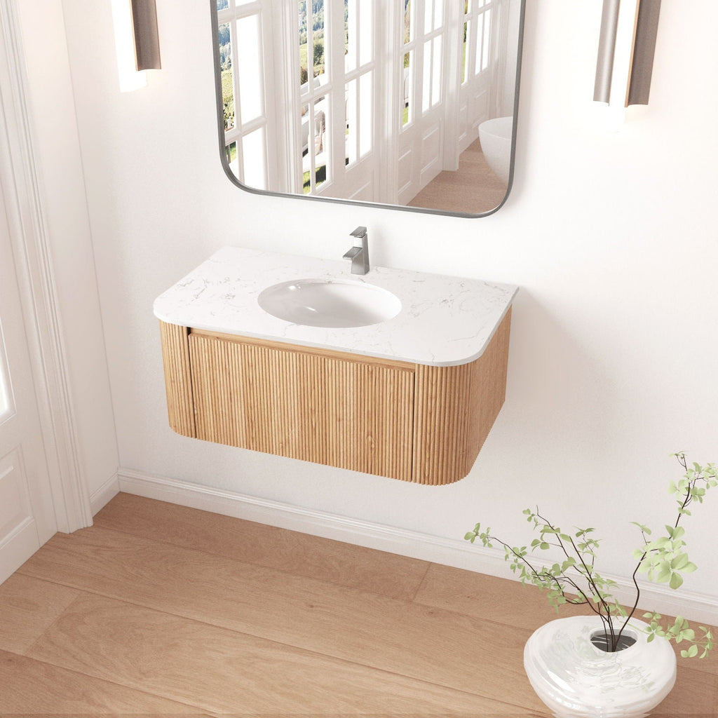 Wall Mounted Bathroom Vanity With Sink - Natural Wood