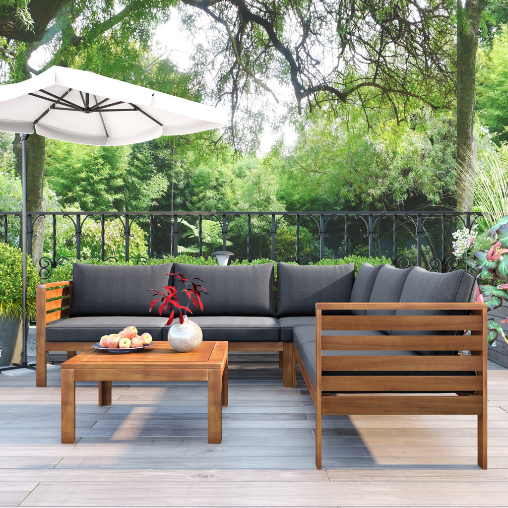 Wood Structure Outdoor Sofa Set with Gray Cushions