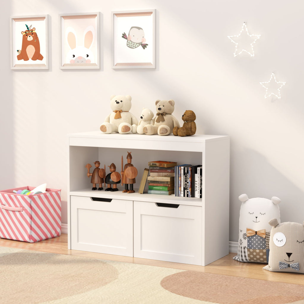 Book Organizer With Large Drawers And Open Shelves, Toy Storage Cabinet - White