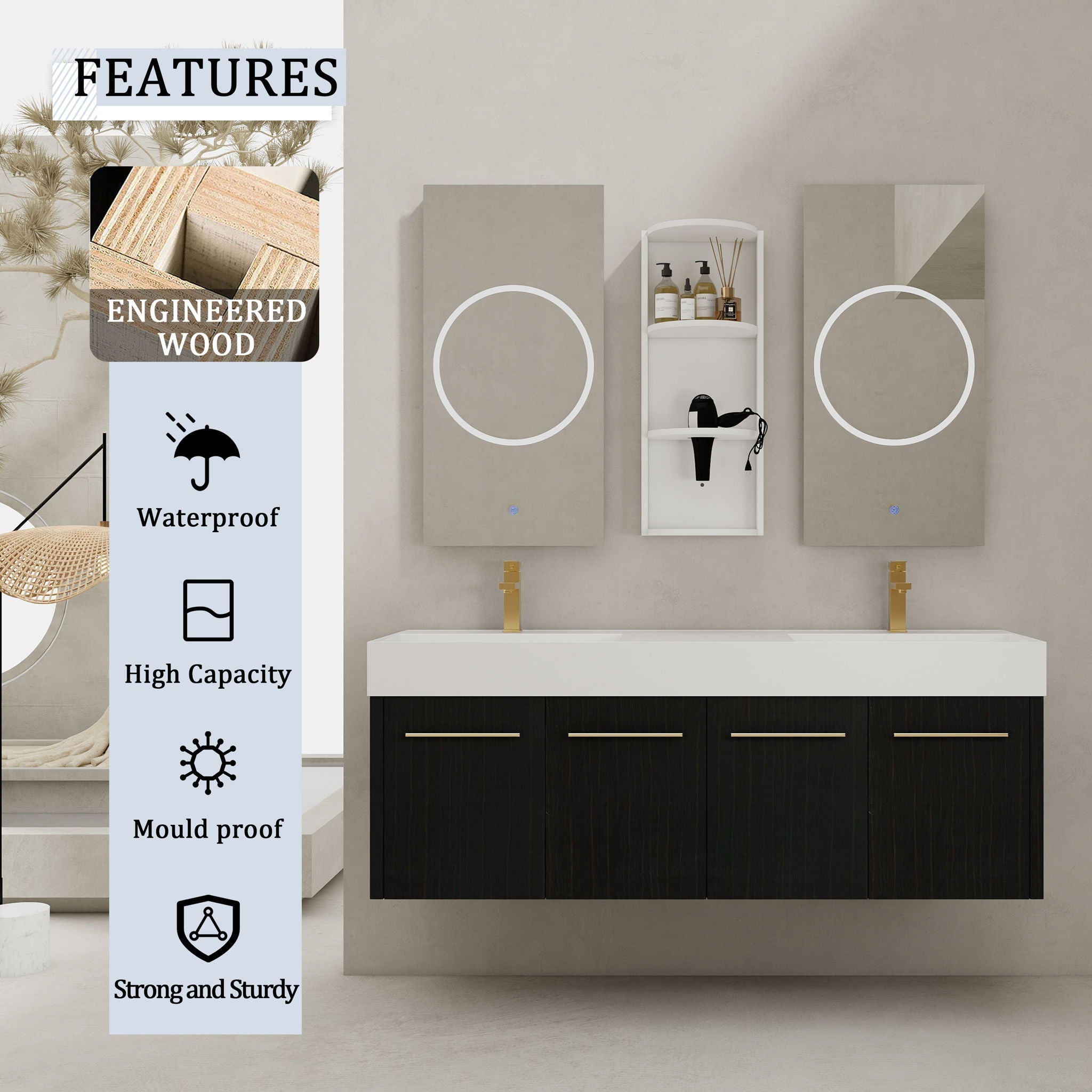 Modern Wall Mounted Bathroom Vanity With Resin Sink and Storage Rack